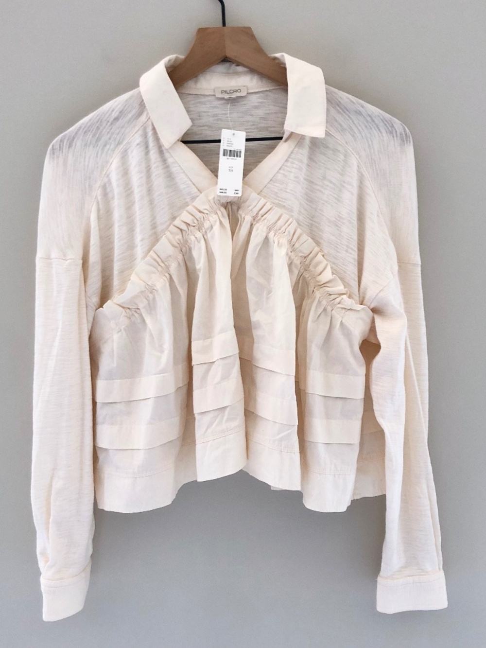 Anthropologie Cream Ruffled Panel Long-Sleeve Blouse
